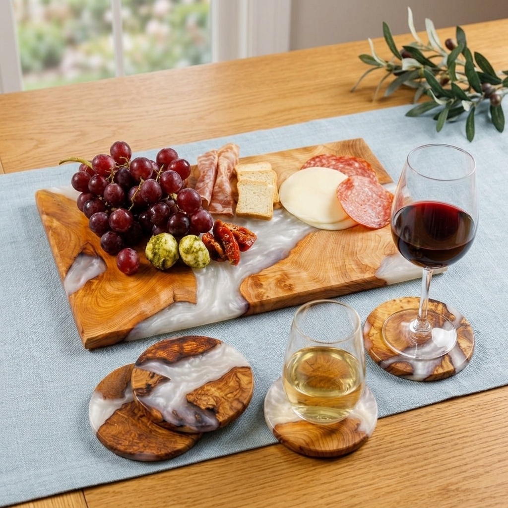 A styled tabletop charcuterie setup on a light blue runner, featuring a wooden serving board with white marble inlay, grapes, cheese, salami, crackers, a glass of red wine, a glass of white wine, and matching wooden coasters on a wooden table.