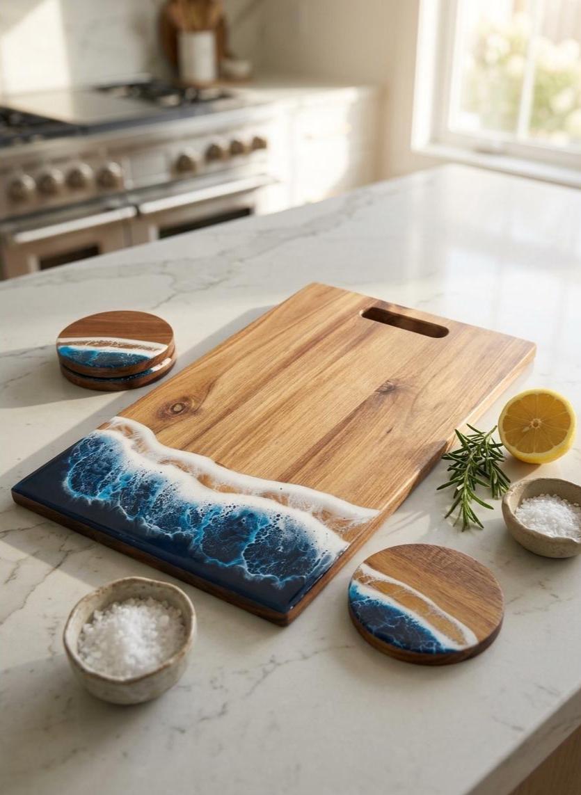 A wooden cutting board with a blue and white ocean wave resin design on one end, displayed on a white marble kitchen countertop with coasters, bowls of salt, rosemary, and a lemon half nearby.