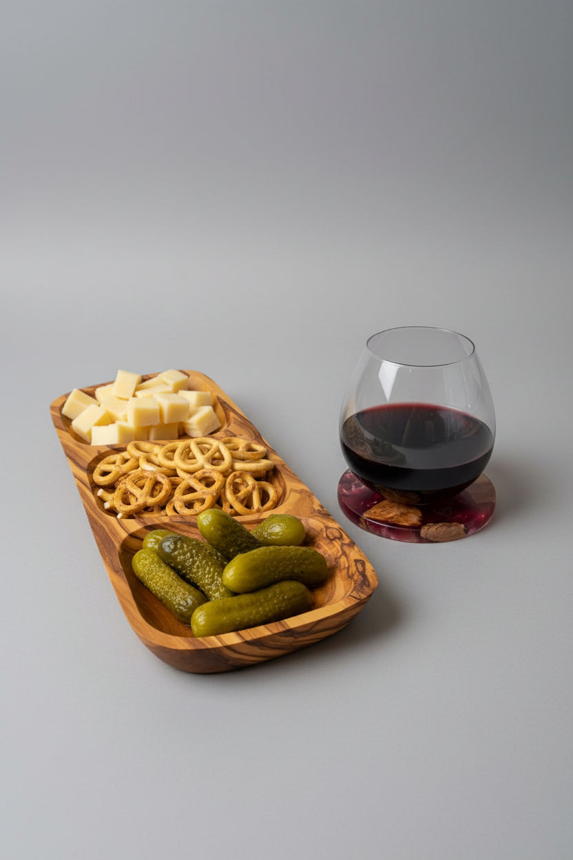 A wooden serving tray with cheese cubes, pretzels, and pickles sits on a wooden table next to a stemmed glass of red wine on a cork coaster.
