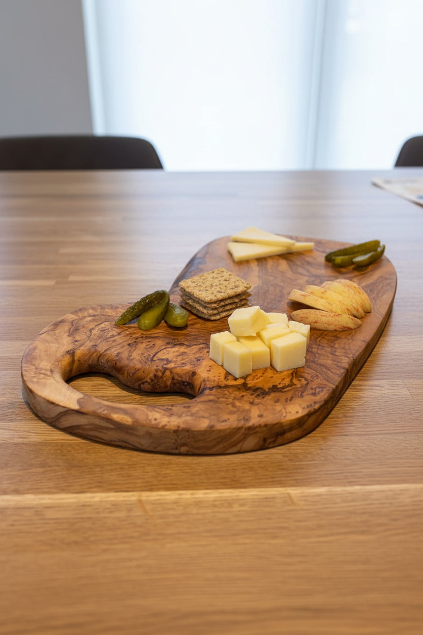 A rustic wooden charcuterie board with cheese wedges and pickle slices, styled on a wooden table with two filled cocktail glasses in a home setting.