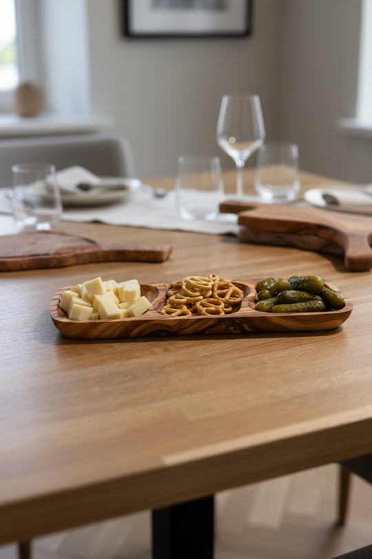 An olive wood three-compartment serving tray holding cubed cheese, pretzels, and pickles on a wooden tabletop.