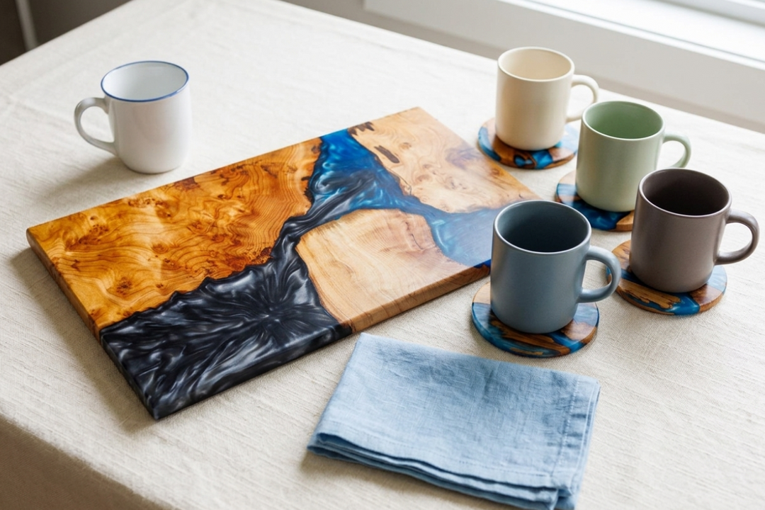 A rectangular wooden serving board with a glossy resin design in orange, brown, and blue, styled on a white tablecloth with four ceramic mugs on coasters, a folded blue napkin, and a white mug in the background.