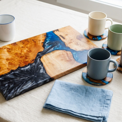 Handcrafted Wood & Resin Charcuterie Board: Blue-Black