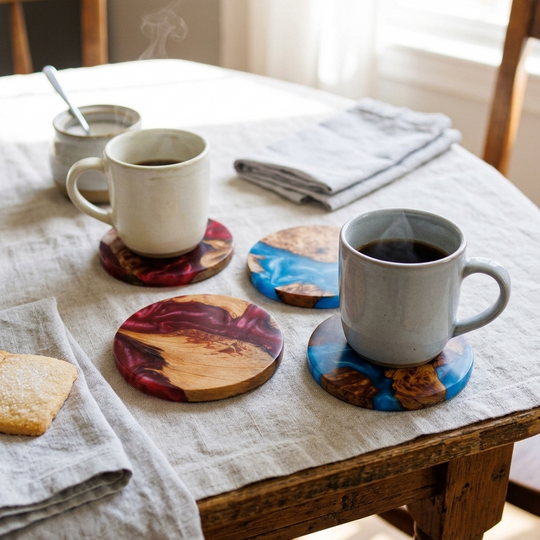 Four round wooden coasters with colorful resin inlay designs are arranged on a linen-covered dining table, each supporting a ceramic mug filled with coffee. A folded napkin, a small bowl with a spoon, and part of a chair are visible in a softly lit indoor setting.