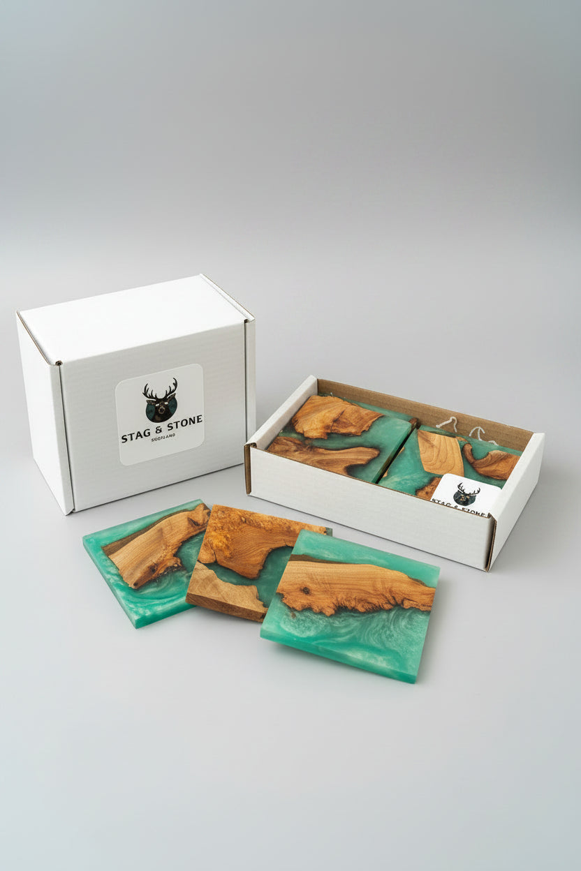 Wooden coasters with green resin on a wooden surface, branded &