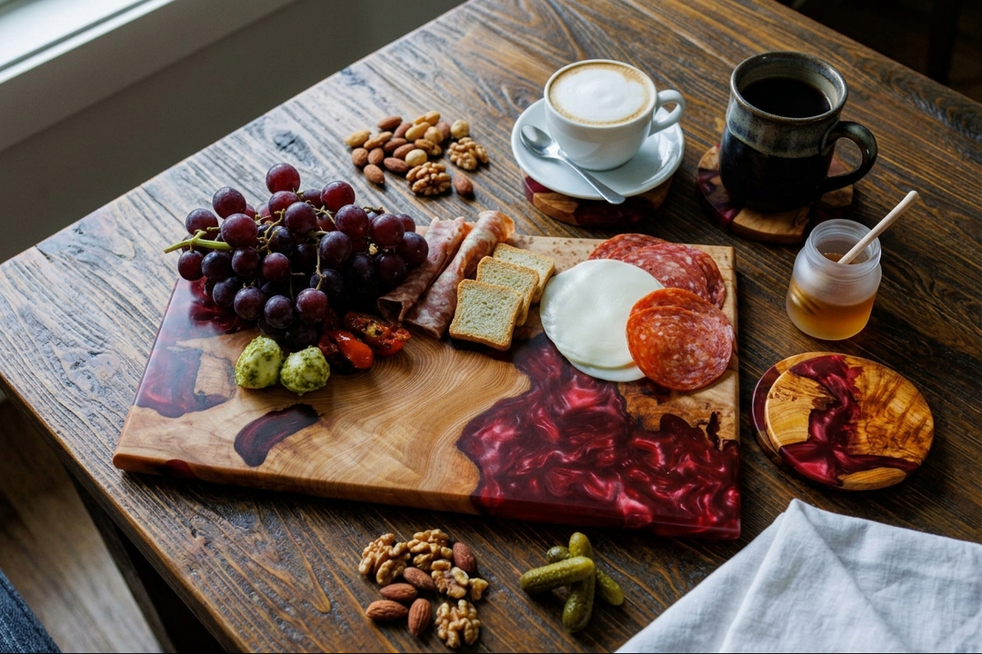 A styled charcuterie board on a rustic wooden table, featuring a wooden board with red marbled resin patterns, sliced salami, cheese, crackers, grapes, nuts, pickles, and a cup of coffee and tea nearby.