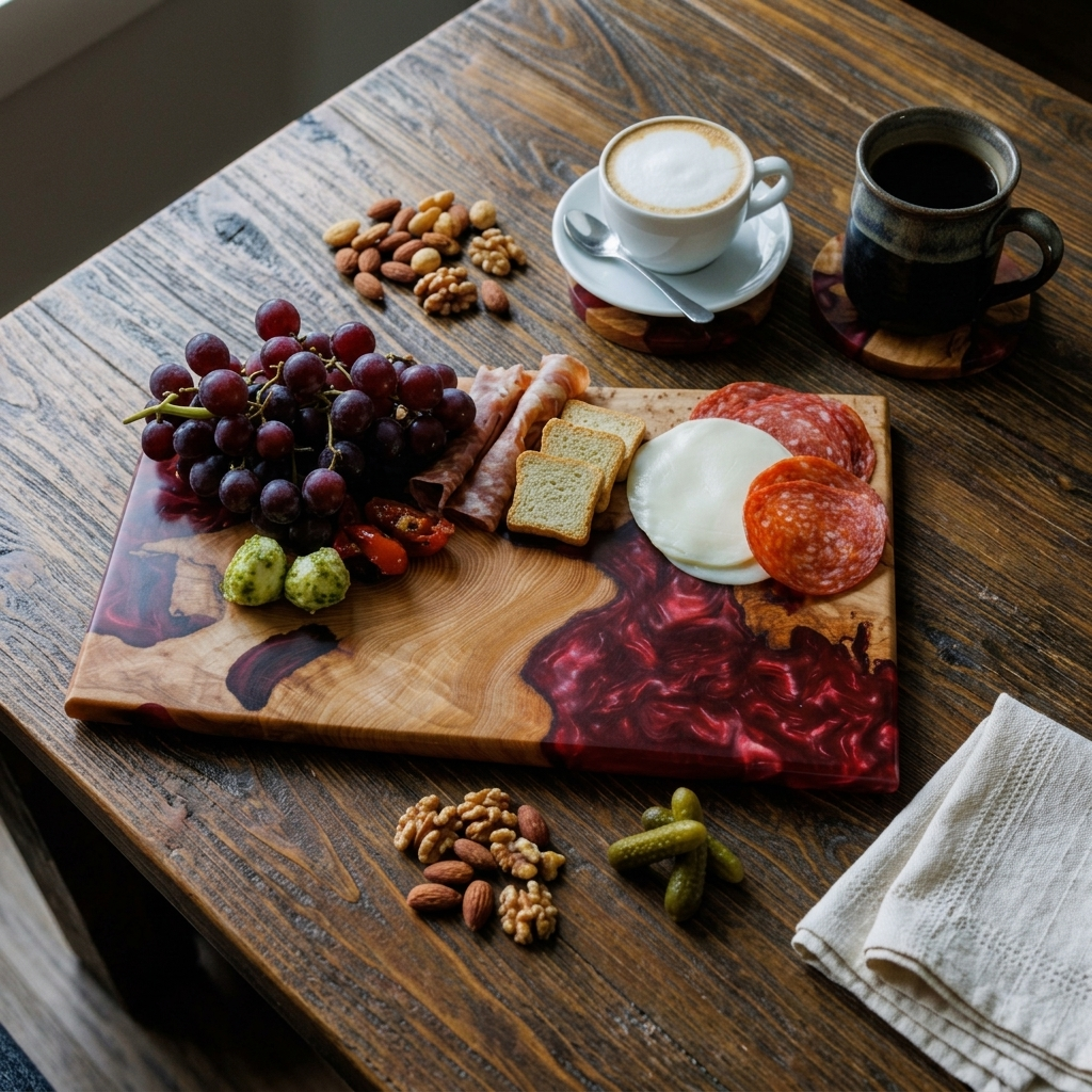 A wooden charcuterie board with red and black resin inlay, styled on a rustic dark wood table with food items including grapes, nuts, cheese, salami, crackers, and coffee cups.