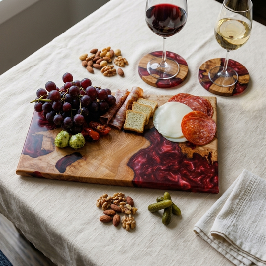 A wooden charcuterie board with a red resin inlay, styled on a linen tablecloth with grapes, cheese, crackers, nuts, and two wine glasses.