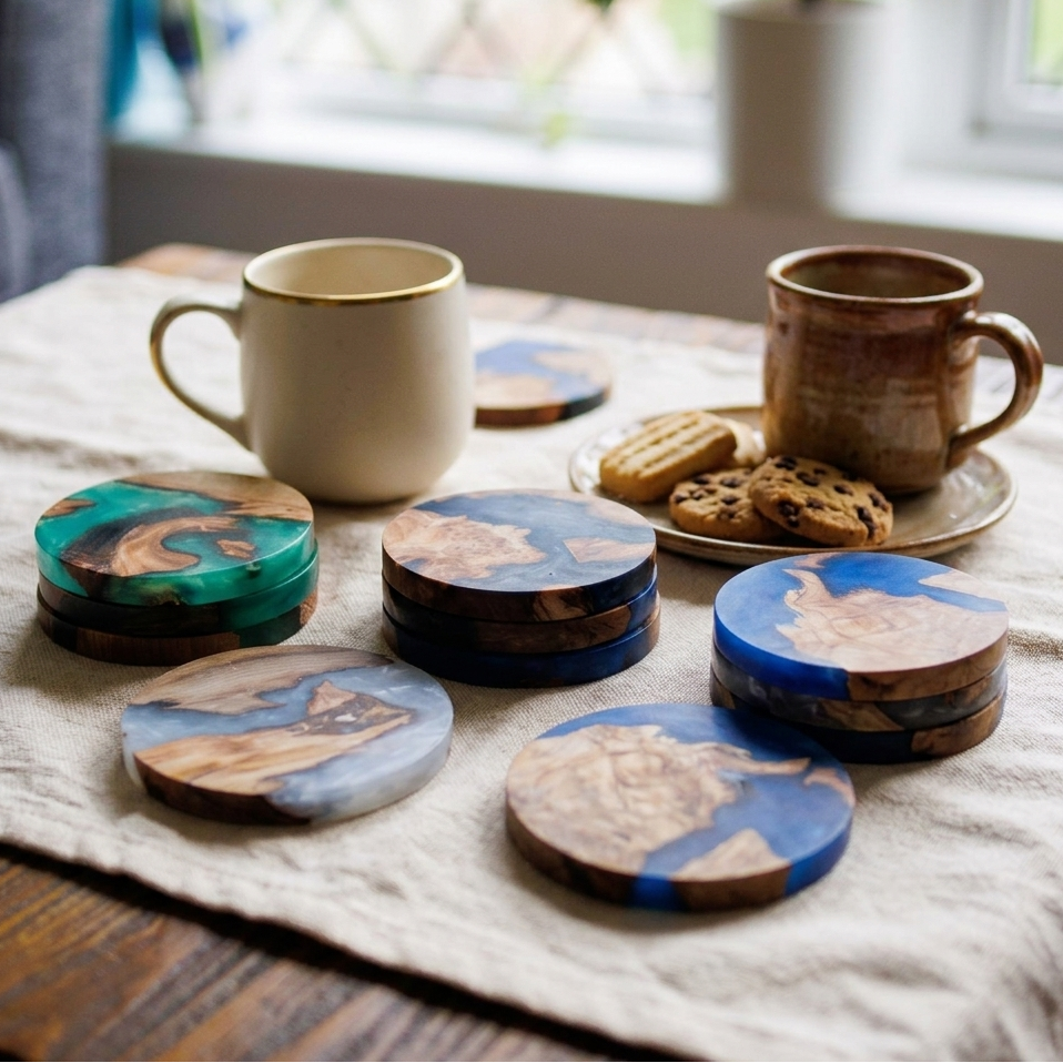 A set of round wooden coasters with colorful resin inlays, arranged on a tablecloth next to mugs and cookies in a softly lit indoor setting.