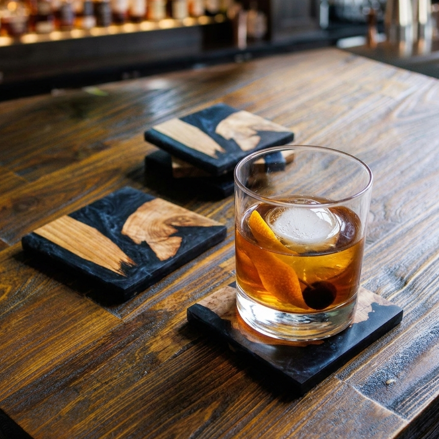 Black coasters and a whisky glass