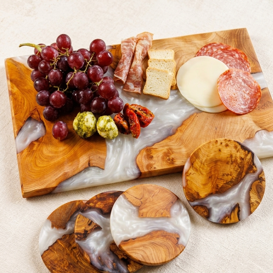 A wooden and marble charcuterie board set with matching coasters, styled with grapes, cheese, salami, and olives on a light beige textured surface.