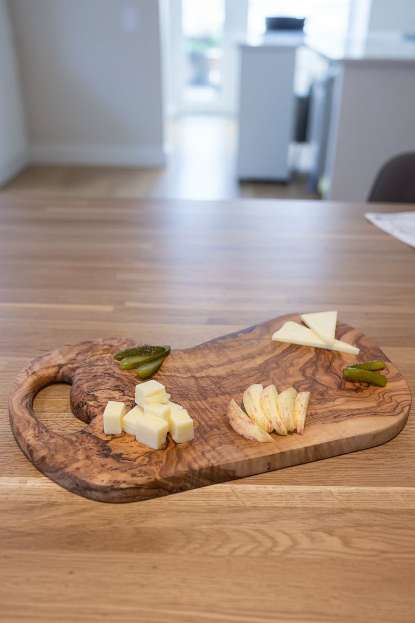 A wooden charcuterie board with cheese wedges and slices, pickles, and two cocktails on a wooden table.