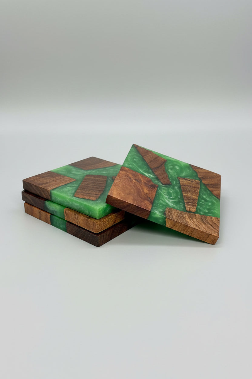 Green Resin Coasters | Handmade Wooden Drinks Coasters | Nature Inspired Home Decor | Housewarming Gift