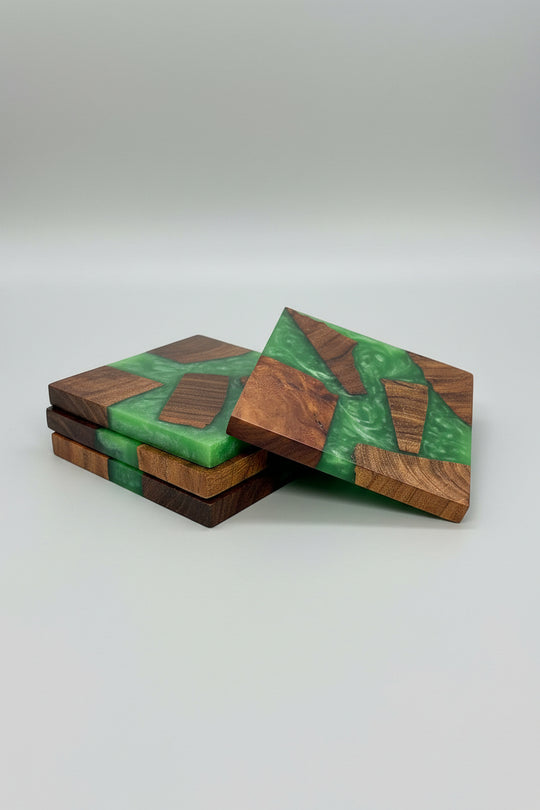 Green Resin Coasters | Handmade Wooden Drinks Coasters | Nature Inspired Home Decor | Housewarming Gift