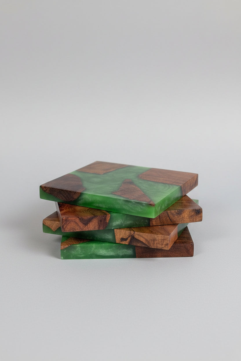 Green Resin Coasters | Handmade Wooden Drinks Coasters | Nature Inspired Home Decor | Housewarming Gift