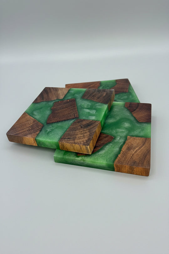 Green Resin Coasters | Handmade Wooden Drinks Coasters | Nature Inspired Home Decor | Housewarming Gift