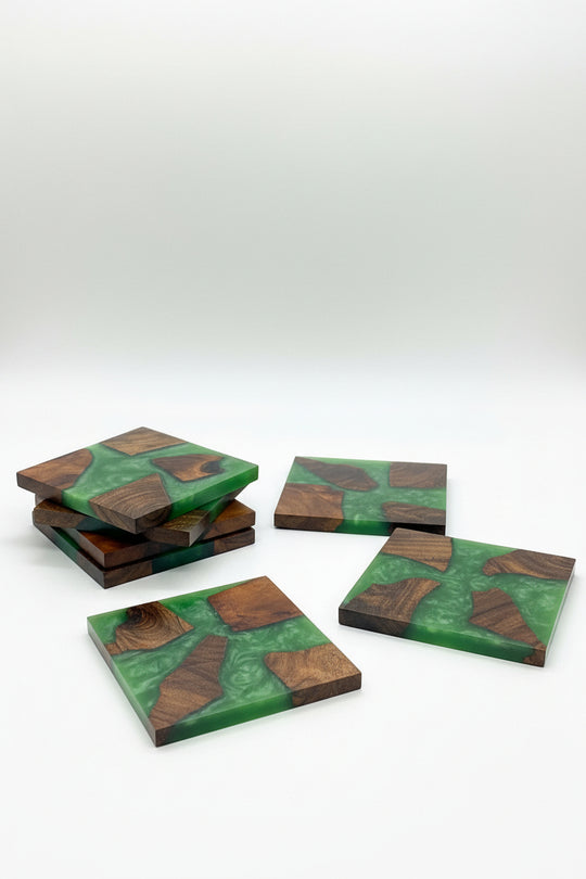 Green Resin Coasters | Handmade Wooden Drinks Coasters | Nature Inspired Home Decor | Housewarming Gift