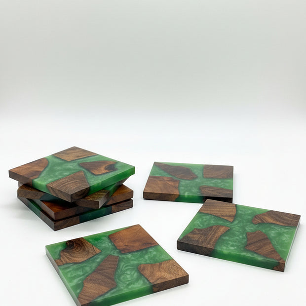 Green Resin Coasters | Handmade Wooden Drinks Coasters | Nature Inspired Home Decor | Housewarming Gift
