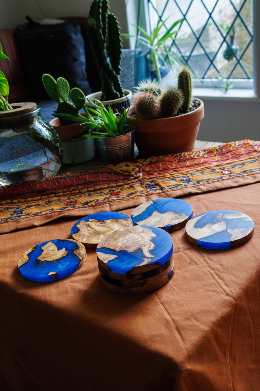 Blue resin coasters on a table