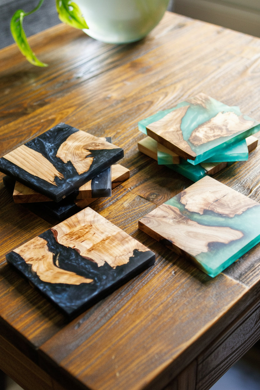 Black Resin Coasters | Handmade Wooden Drinks Coasters | Coffee Table Decor | Gift for Him