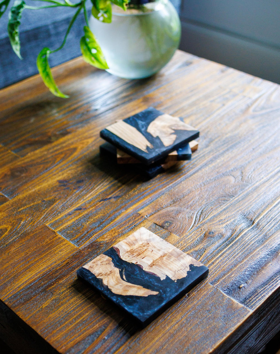 Black Resin Coasters | Handmade Wooden Drinks Coasters | Coffee Table Decor | Gift for Him