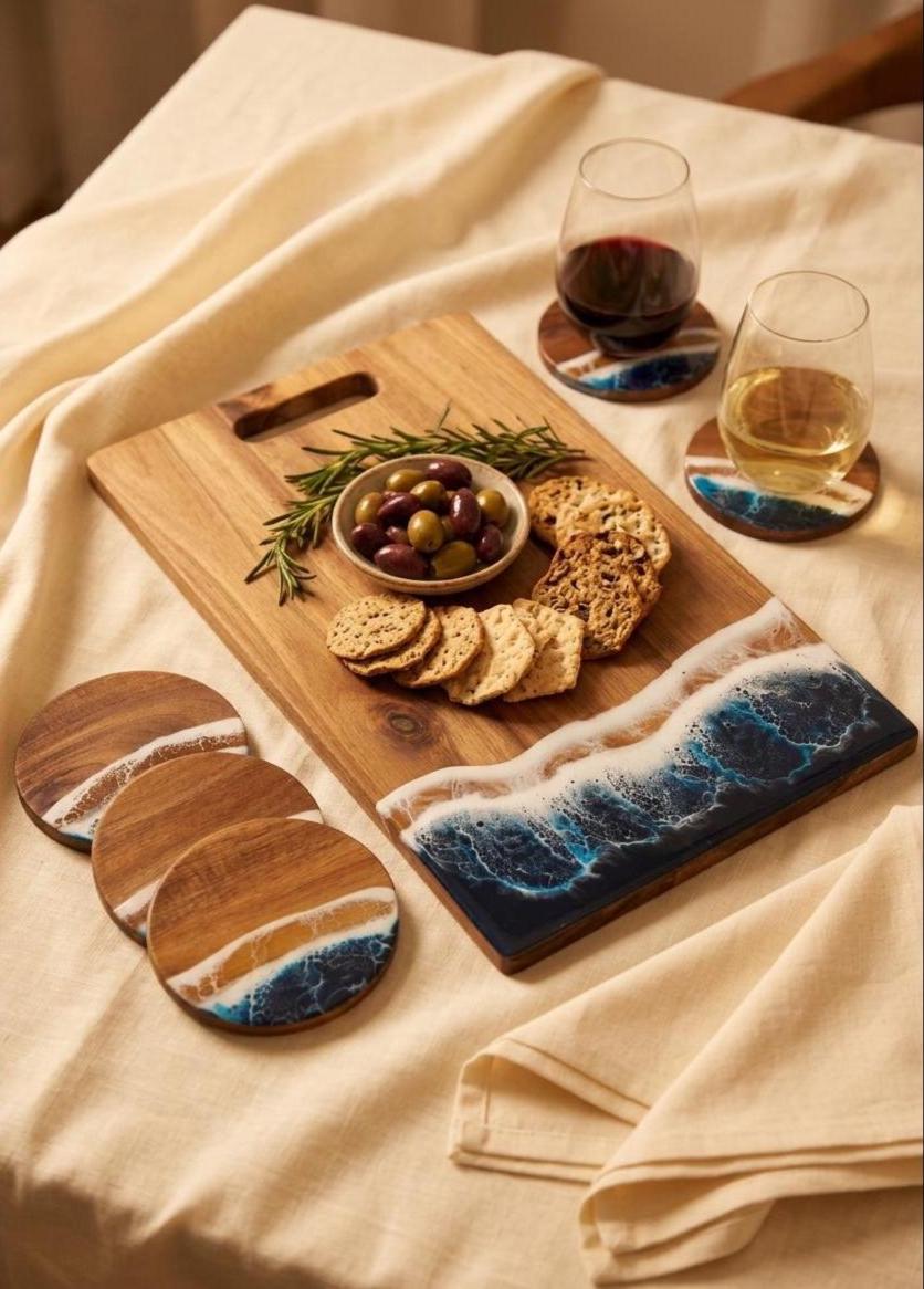 A wooden charcuterie board with a resin ocean-wave design, styled on a beige fabric tablecloth with crackers, olives, rosemary, two wine glasses, and matching coasters.