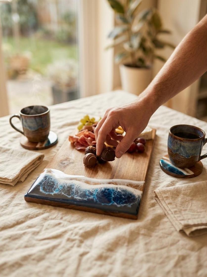A ceramic serving board with a blue and white wave pattern on one end, placed on a beige tablecloth. A hand is placing nuts on the board, which also contains sliced fruit and crackers.