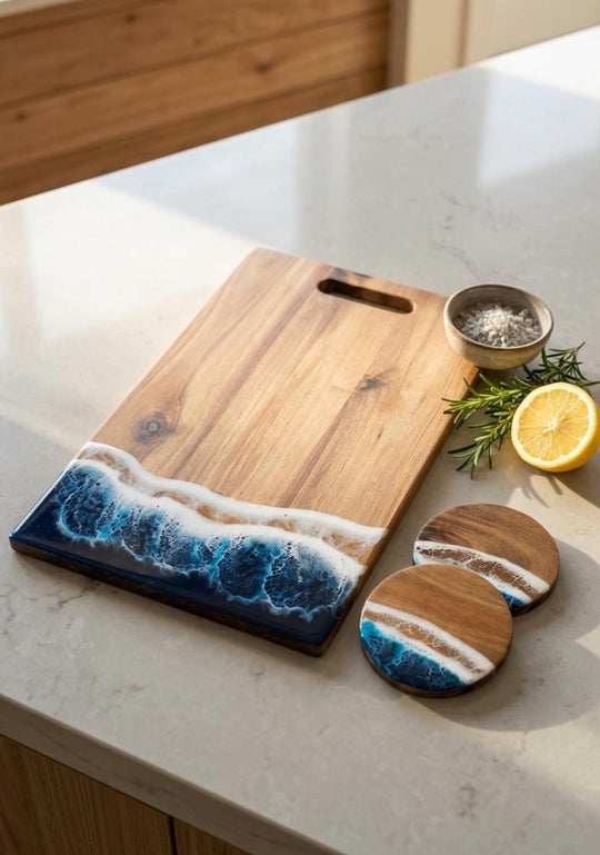 A rectangular wooden cutting board with a blue and white ocean wave resin design along one edge, shown on a light stone countertop with two matching round coasters and small food styling props.