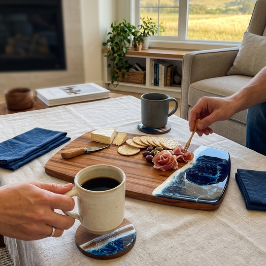A lifestyle scene in a cozy living room showing a wooden charcuterie board with cheese, crackers, and cured meats, paired with blue and white marbled ceramic coasters and plates. Two people are visible, one holding a mug on a coaster and the other serving food, with a fireplace and a scenic window view in the background.