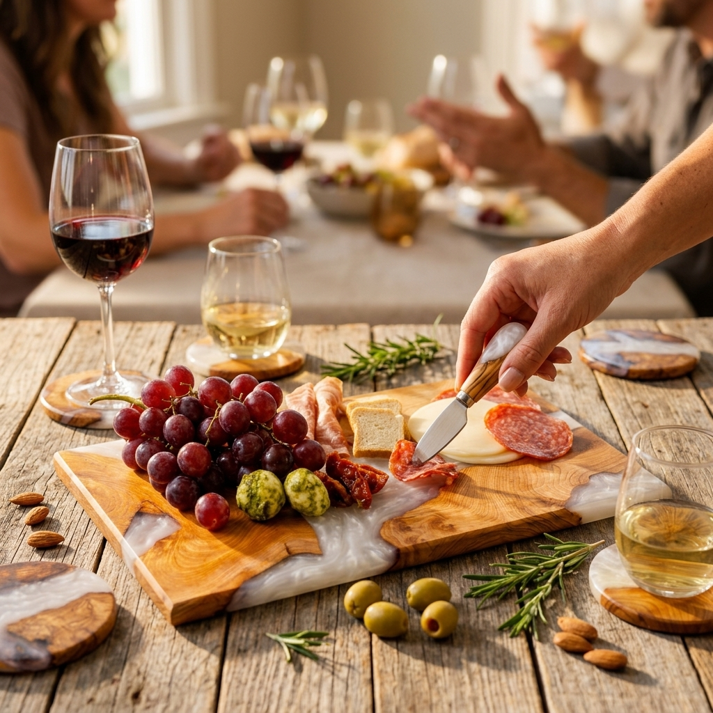 A wooden and marble charcuterie board with cheese, grapes, olives, nuts, and a knife on a rustic table, with people dining in the softly blurred background.