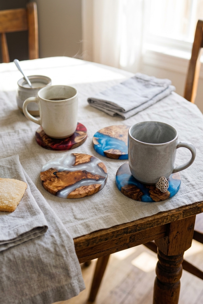 A rustic wooden dining table covered with a light beige linen runner, styled with two ceramic mugs on round printed coasters, a small white cup with a spoon, folded napkins, and a couple of biscuits. Two wooden chairs are visible in a softly lit room.