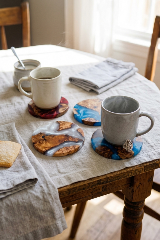 A rustic wooden dining table covered with a light beige linen runner, styled with two ceramic mugs on round printed coasters, a small white cup with a spoon, folded napkins, and a couple of biscuits. Two wooden chairs are visible in a softly lit room.