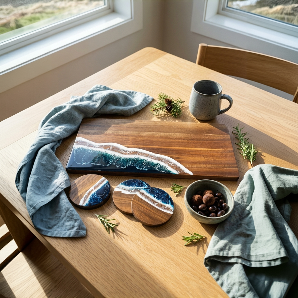 A wooden serving board and two matching coasters with an ocean wave pattern, styled on a light wood dining table with a mug, linen napkins, and small greenery in a bright room.