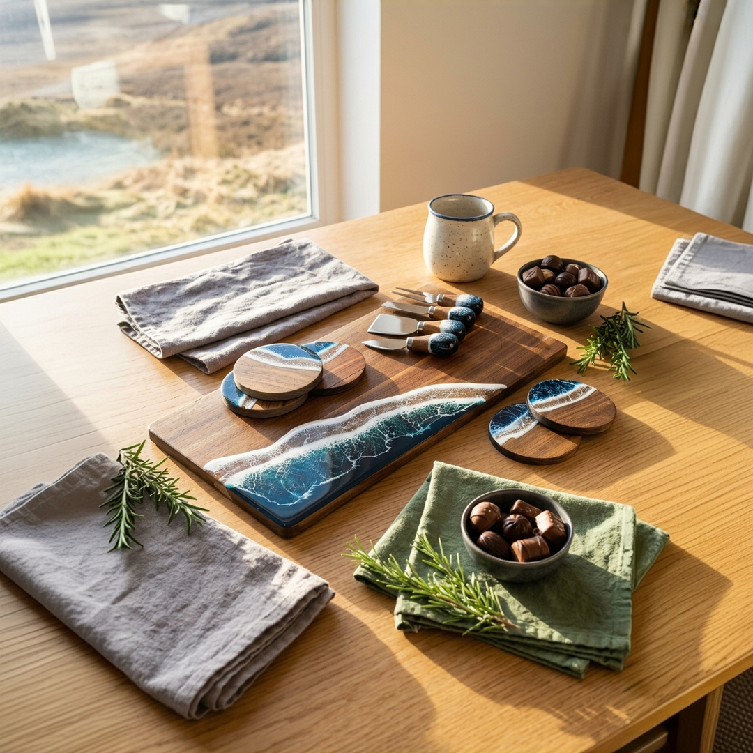 A styled tabletop scene by a window showing a wooden cutting board with a blue wave design, matching coasters, small wooden utensils, folded gray and green napkins, rosemary sprigs, and a small bowl of chocolate-covered nuts. The setting is indoors with natural sunlight and a visible window view.