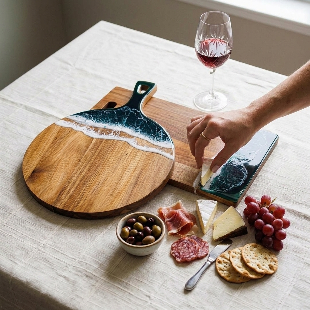 Two wooden serving boards with a wave-like dark blue and white resin design, styled on a white tablecloth with a glass of red wine, cheese, crackers, olives, and a hand reaching in.