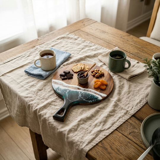 A styled dining table scene with a beige linen table runner, a round wooden serving board, mugs of coffee, cookies, nuts, and dried fruit, and a small potted plant in a softly lit indoor setting.
