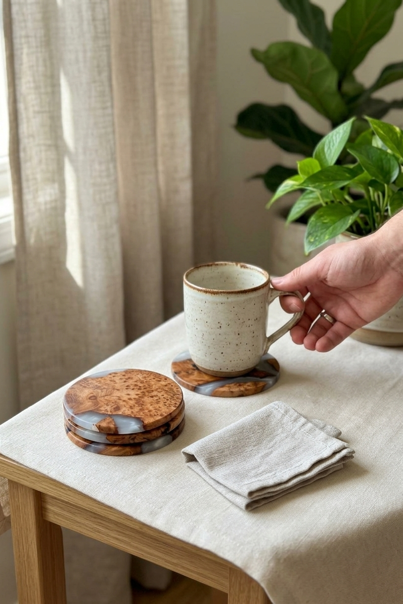 A ceramic mug with a speckled cream glaze sits on a round cork coaster, while a hand holds the mug. A matching stack of coasters and a folded linen napkin rest on a light wood table covered with a cream tablecloth, with a window, curtains, and a green plant in the background.
