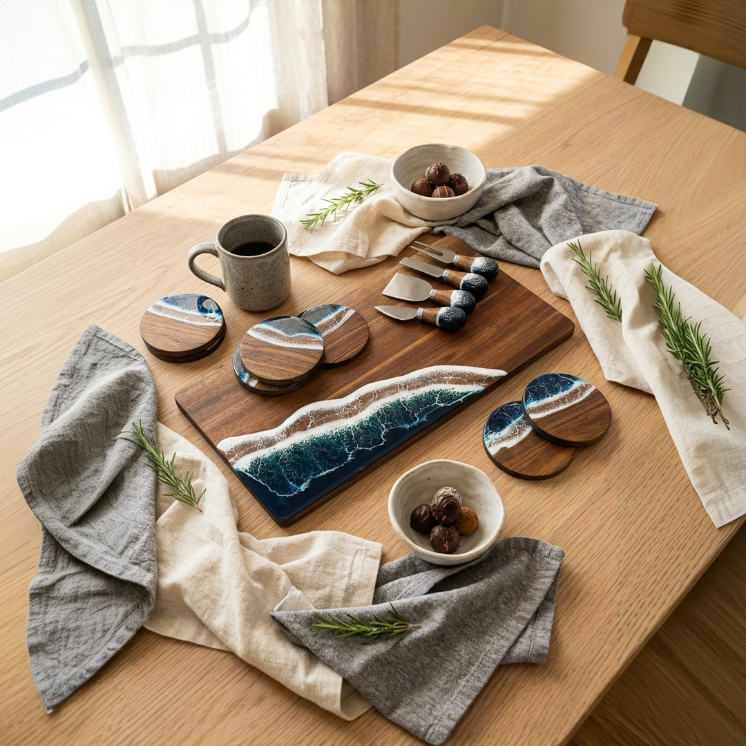 A styled tabletop scene with a wooden serving board and matching coasters featuring an ocean wave design in blue, white, and tan. The board and coasters are arranged on a light wood table with folded gray and cream linen napkins, small bowls of olives, a mug, and a small knife set.