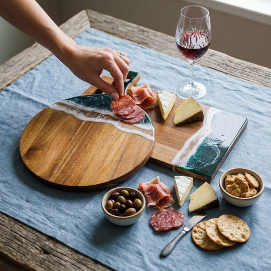 A styled charcuterie board scene on a blue cloth over a wooden table, with a hand placing cured meat onto a round wooden board with a resin ocean-wave design. Slices of cheese, crackers, olives, a glass of red wine, and a small knife are arranged around the board.