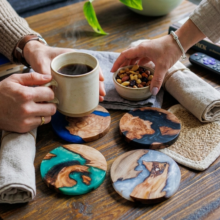 Coasters on a table mix