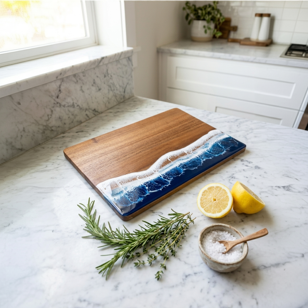 A rectangular wooden serving board with a blue ocean wave and white foam design, placed on a white marble kitchen countertop with lemon halves, rosemary, and a small bowl of salt nearby.