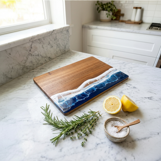 A rectangular wooden serving board with a blue ocean wave and white foam design, placed on a white marble kitchen countertop with lemon halves, rosemary, and a small bowl of salt nearby.