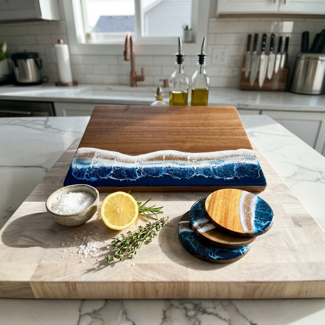 A kitchen scene showing a wooden cutting board with a blue and white resin wave design, accompanied by matching coasters and a small bowl of salt with a lemon and herbs. The background shows a modern kitchen with marble countertops and stainless steel appliances.