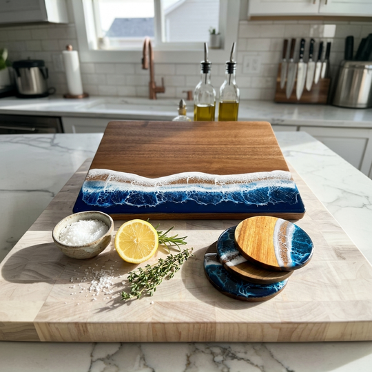 A kitchen scene showing a wooden cutting board with a blue and white resin wave design, accompanied by matching coasters and a small bowl of salt with a lemon and herbs. The background shows a modern kitchen with marble countertops and stainless steel appliances.