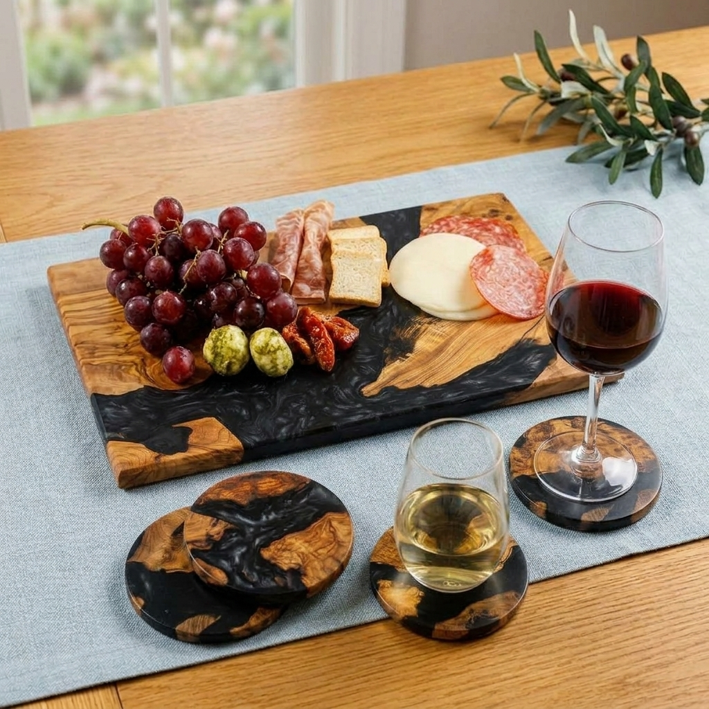 Handcrafted Wood &amp; Resin Charcuterie Board: Black