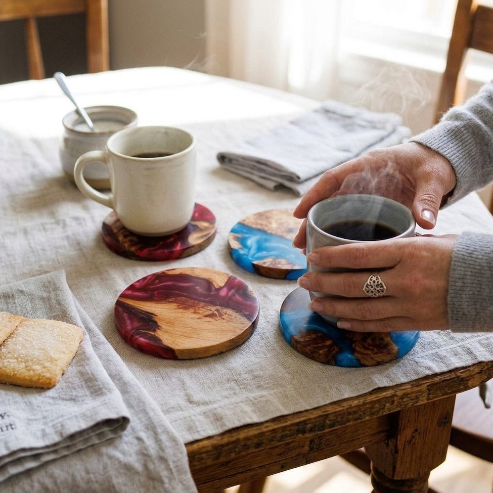 A lifestyle scene on a wooden dining table showing four round coasters with marbled wood and resin patterns. A person&