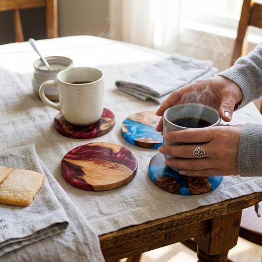 A lifestyle scene on a wooden dining table showing four round coasters with marbled wood and resin patterns. A person&
