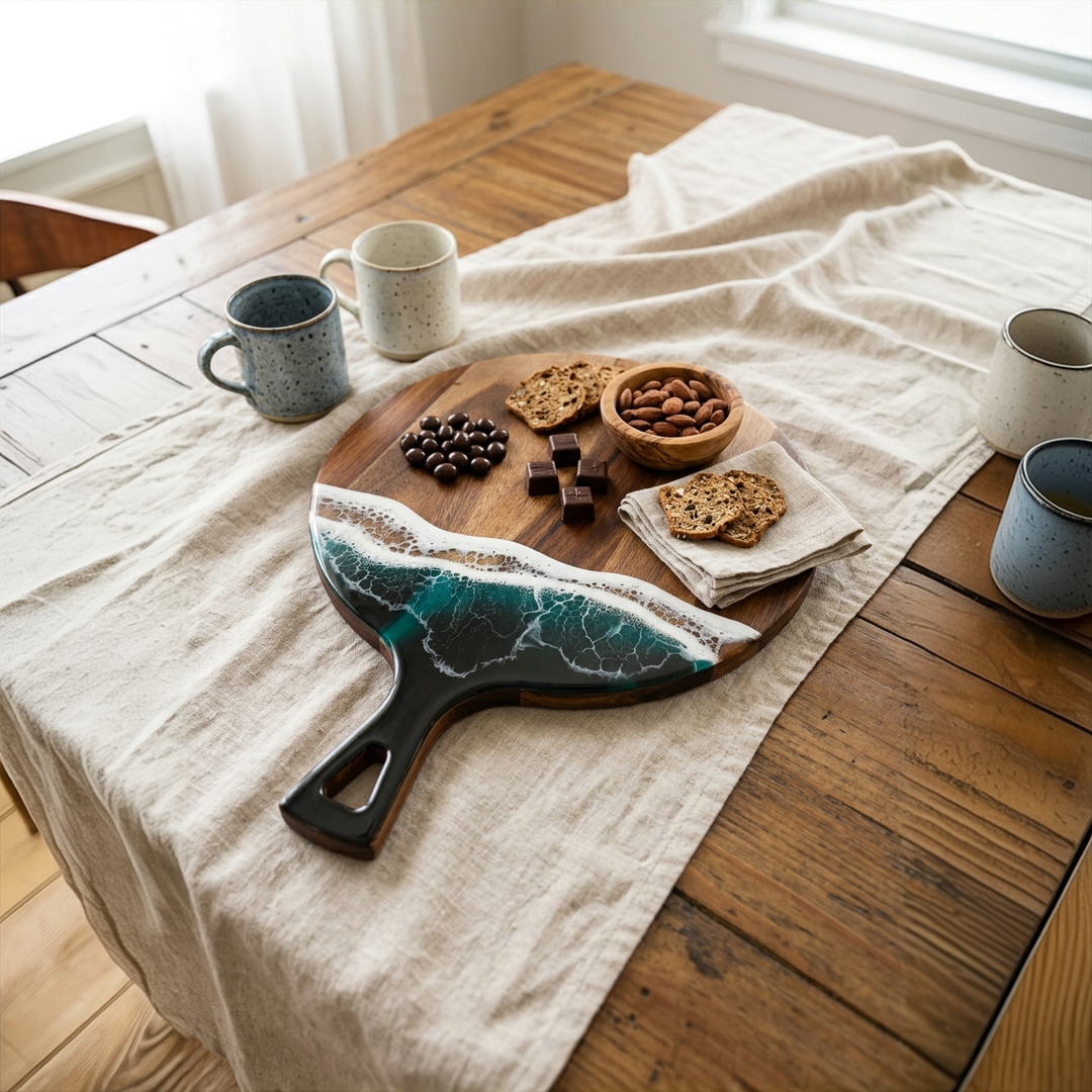 A round wooden charcuterie board with a handle, styled with cookies, almonds, chocolate pieces, and coffee beans on a beige linen table runner over a rustic wooden table. The board features a resin inlay with swirling teal, green, and black patterns.