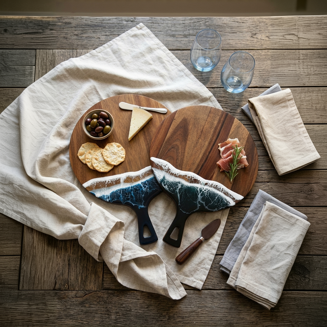 Two decorative cheese boards arranged on a rustic wooden table with linen cloths, glasses, crackers, cheese, olives, and cured meat. The boards feature a natural wood top half and a blue-and-white wave pattern bottom half, with dark handles.