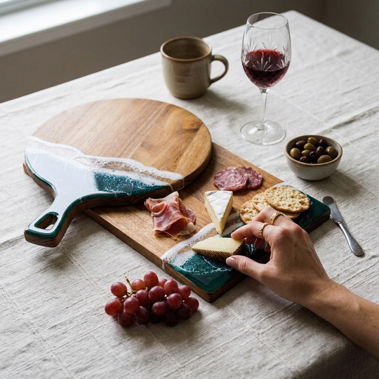 Two ceramic cheese boards with a green and white marble design are styled on a linen tablecloth with food props including grapes, cheese, cured meat, crackers, a glass of red wine, a mug, and olives. A hand is reaching for cheese on the right board.